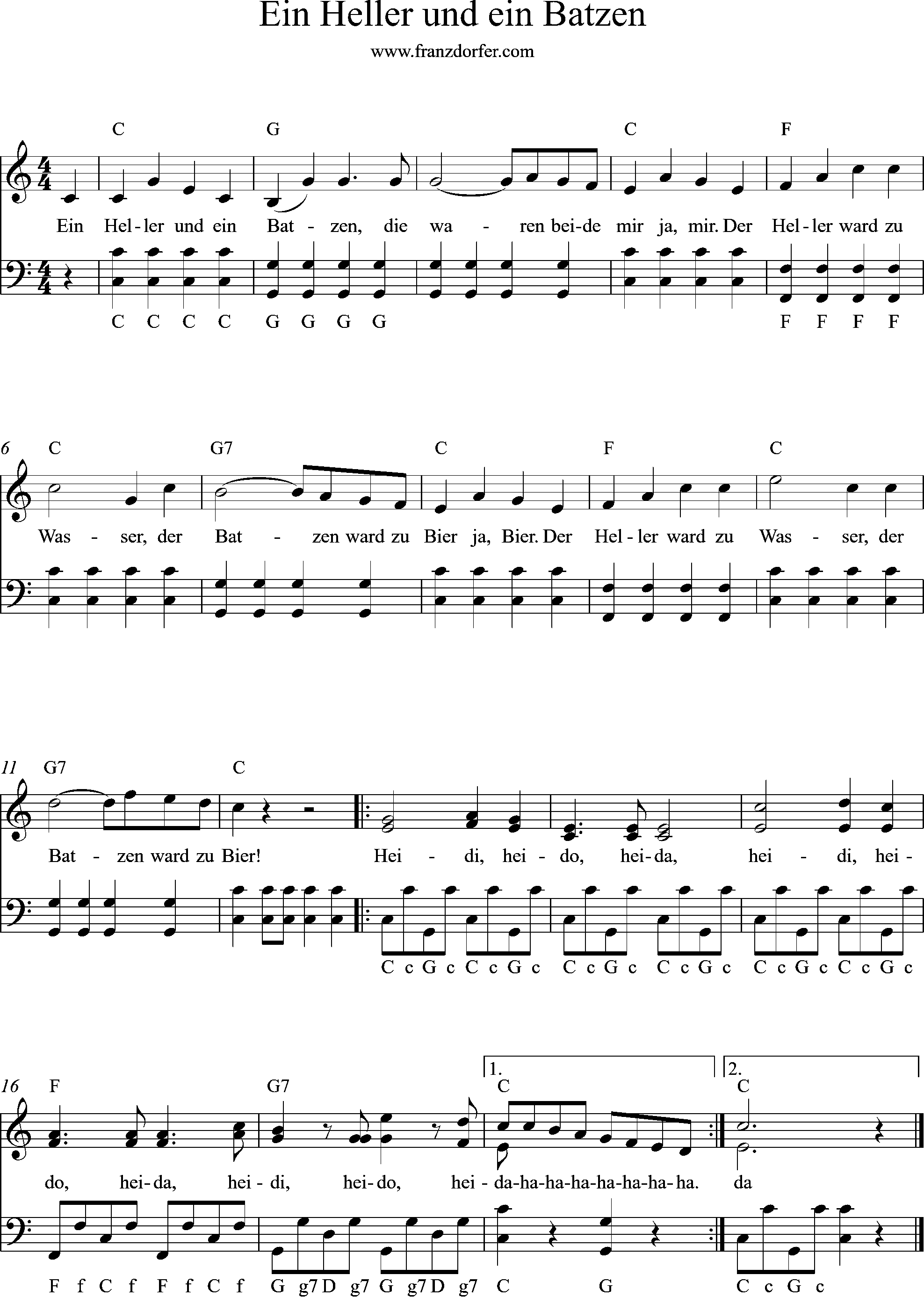 C-Dur, Ziehharmonika, Ein Heller und ein Batzen Akkordeonnoten -C-Dur , ein heller und ein Batzen